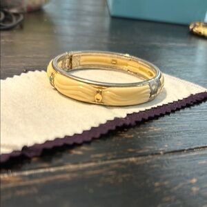 Elegant Cream and Turquoise Silver Bangle Bracelet: Ivory lucite hinged bracelet